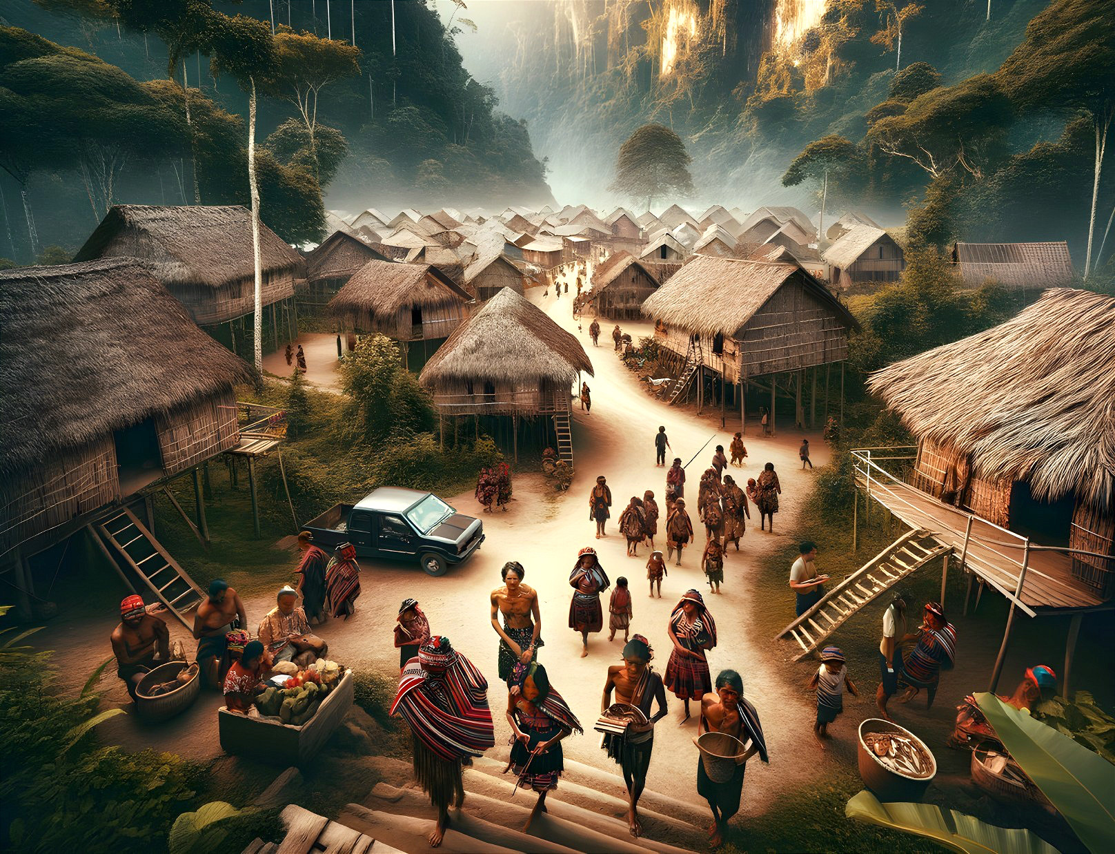 Traditional village scene with thatched-roof houses and villagers in nature setting.