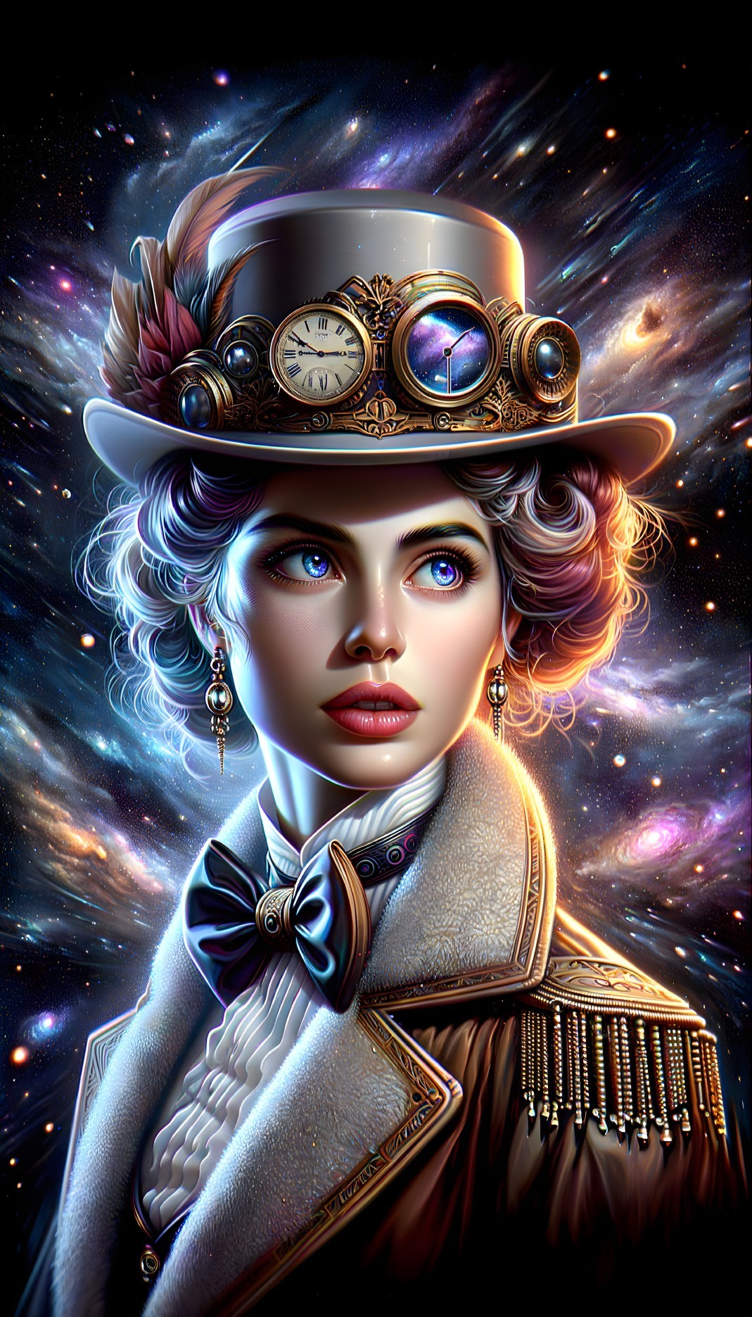Digital artwork of woman with curly hair in steampunk top hat with clock and goggles against cosmic star