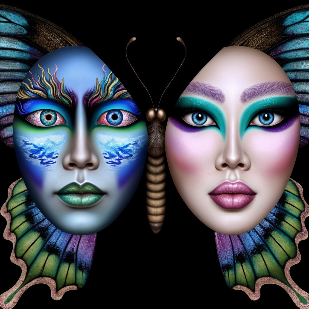 Faces Merging with Butterfly Motif in Surreal Art