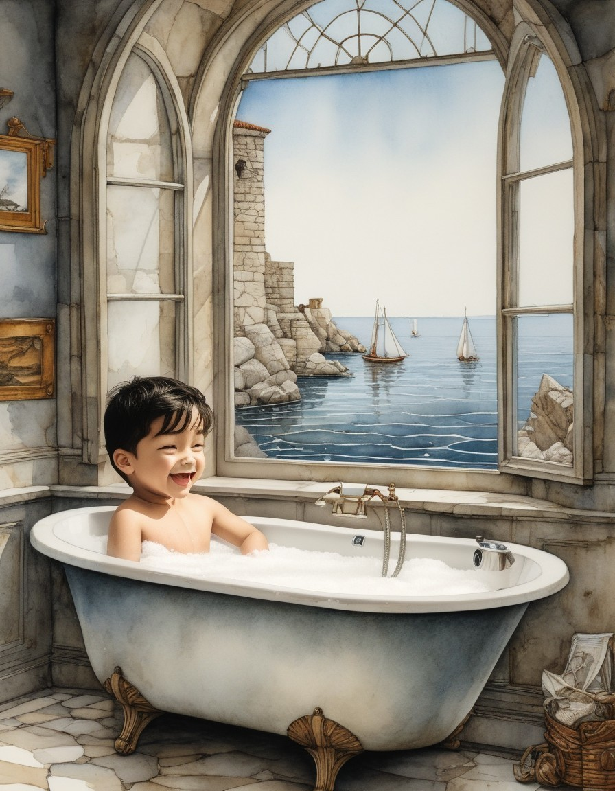 Young Boy in Vintage Bathtub with Sea View