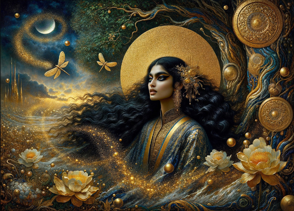 Mystical Woman in Cosmic Scene with Golden Elements