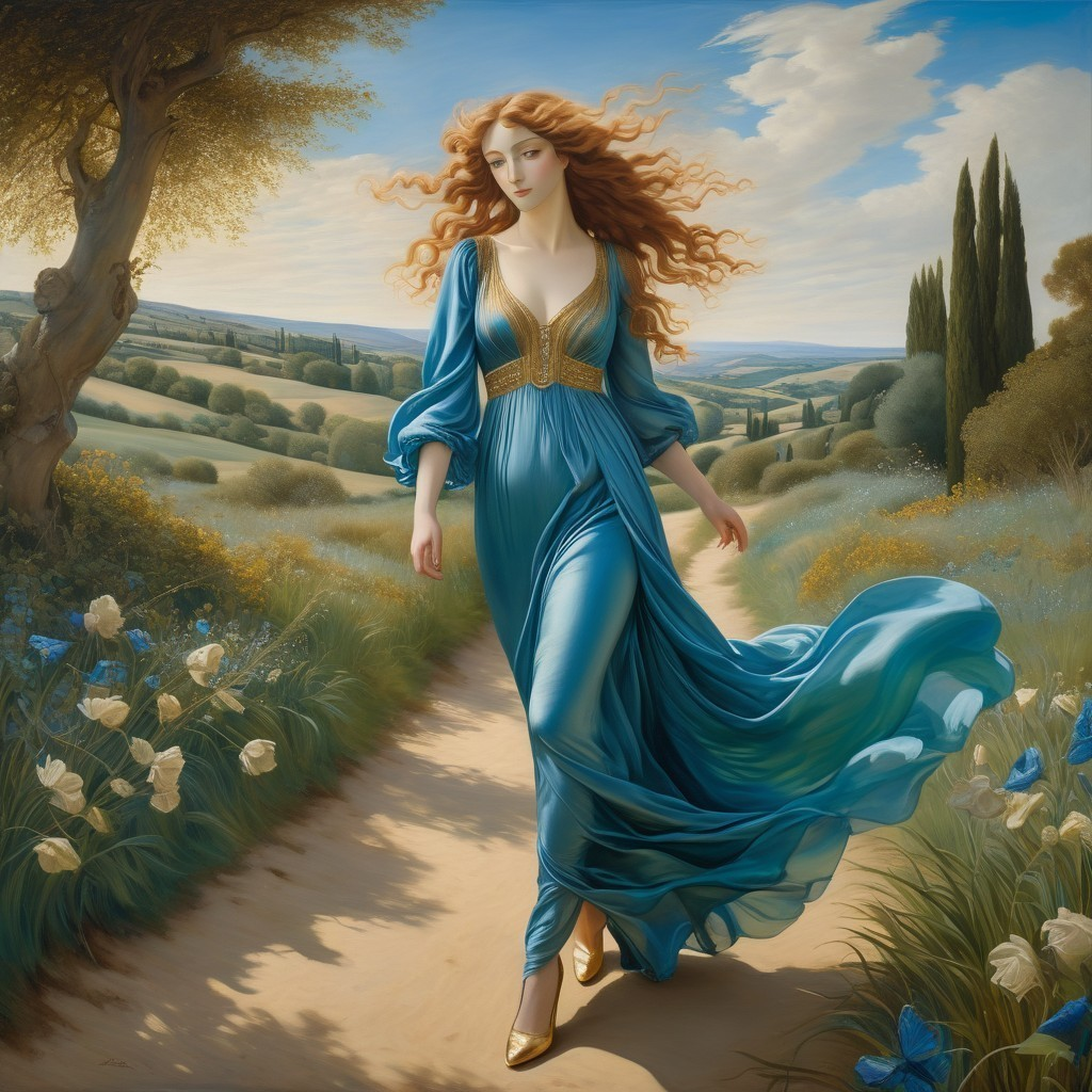Red-haired woman in blue gown strolls through serene field