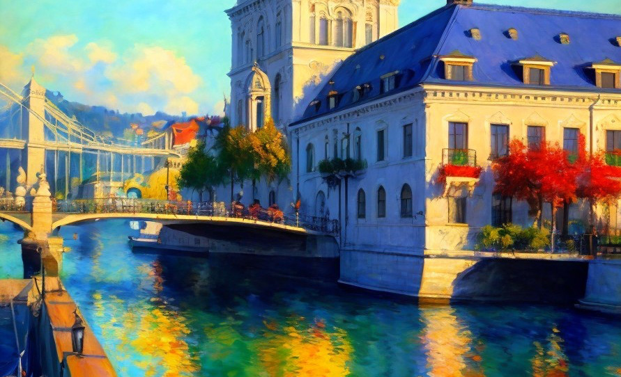 European Cityscape Painting: Vibrant Impressionist Style with Bridge, River, and Autumn Trees