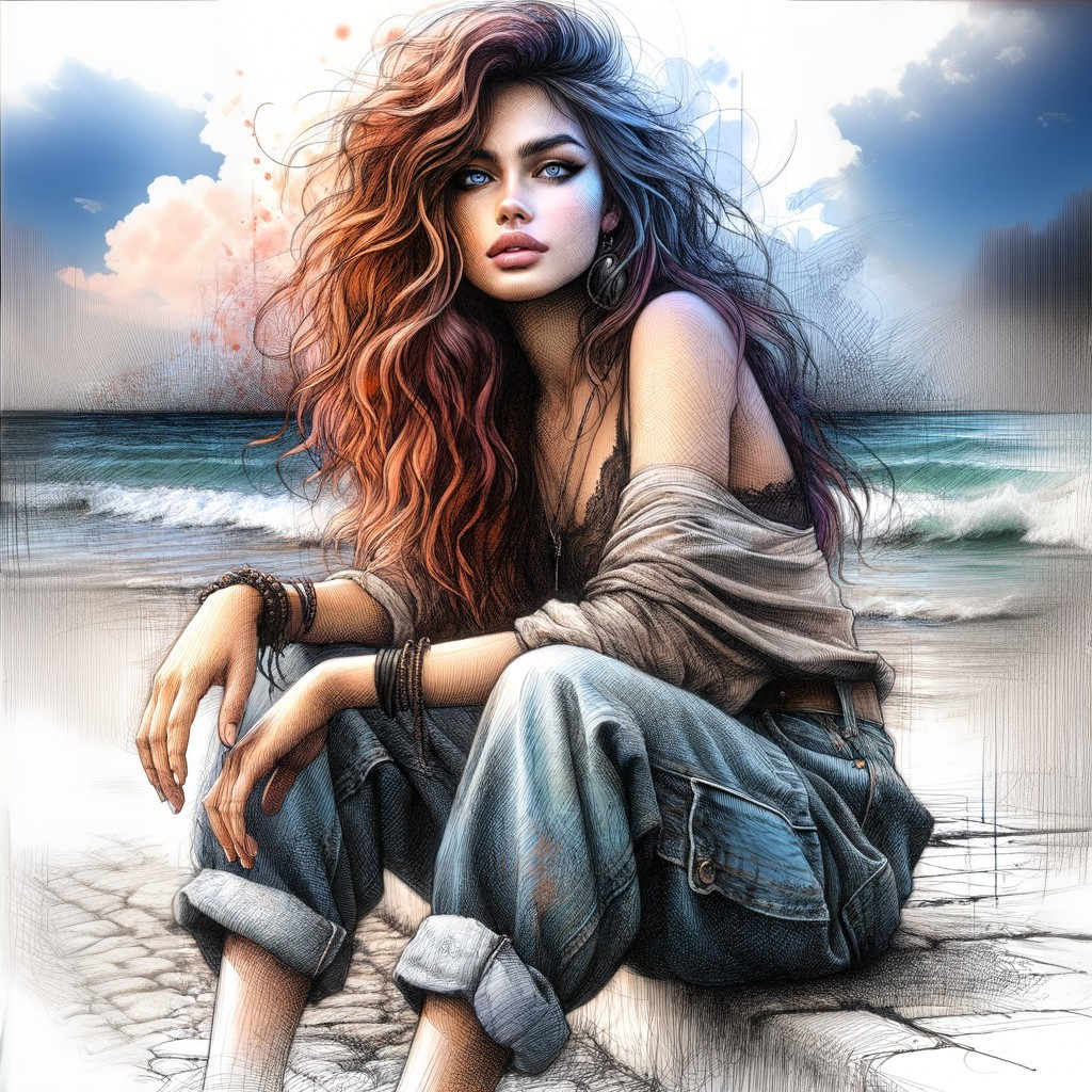 Woman by the Sea: Digital Artwork of Stormy Sky and Waves