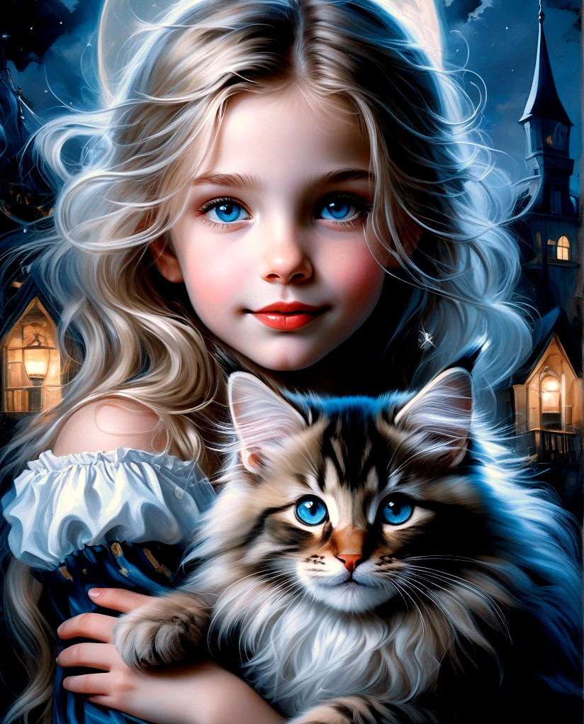Young girl with cat in mystical night sky setting