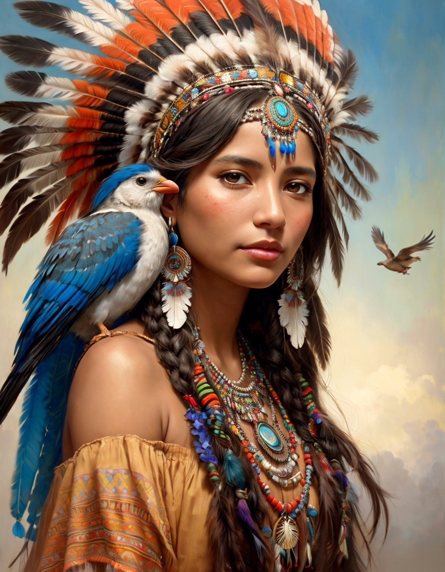 Woman in Native American headdress with birds - Artwork Description