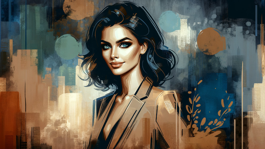 Confident woman with dark hair and blue eyes in beige blazer against urban backdrop