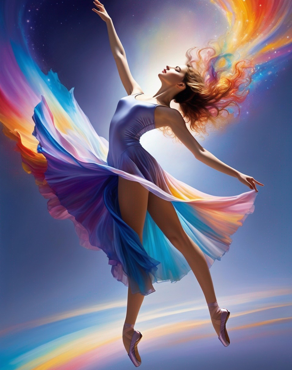 Fiery-haired dancer in multicolored dress against cosmic backdrop