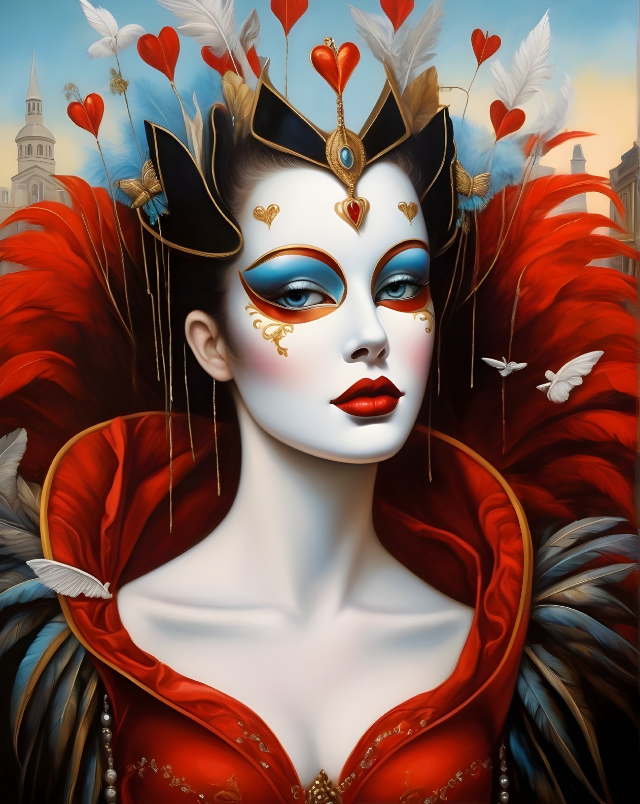 Fantasy portrait of woman with red feathers, crown, and face paint