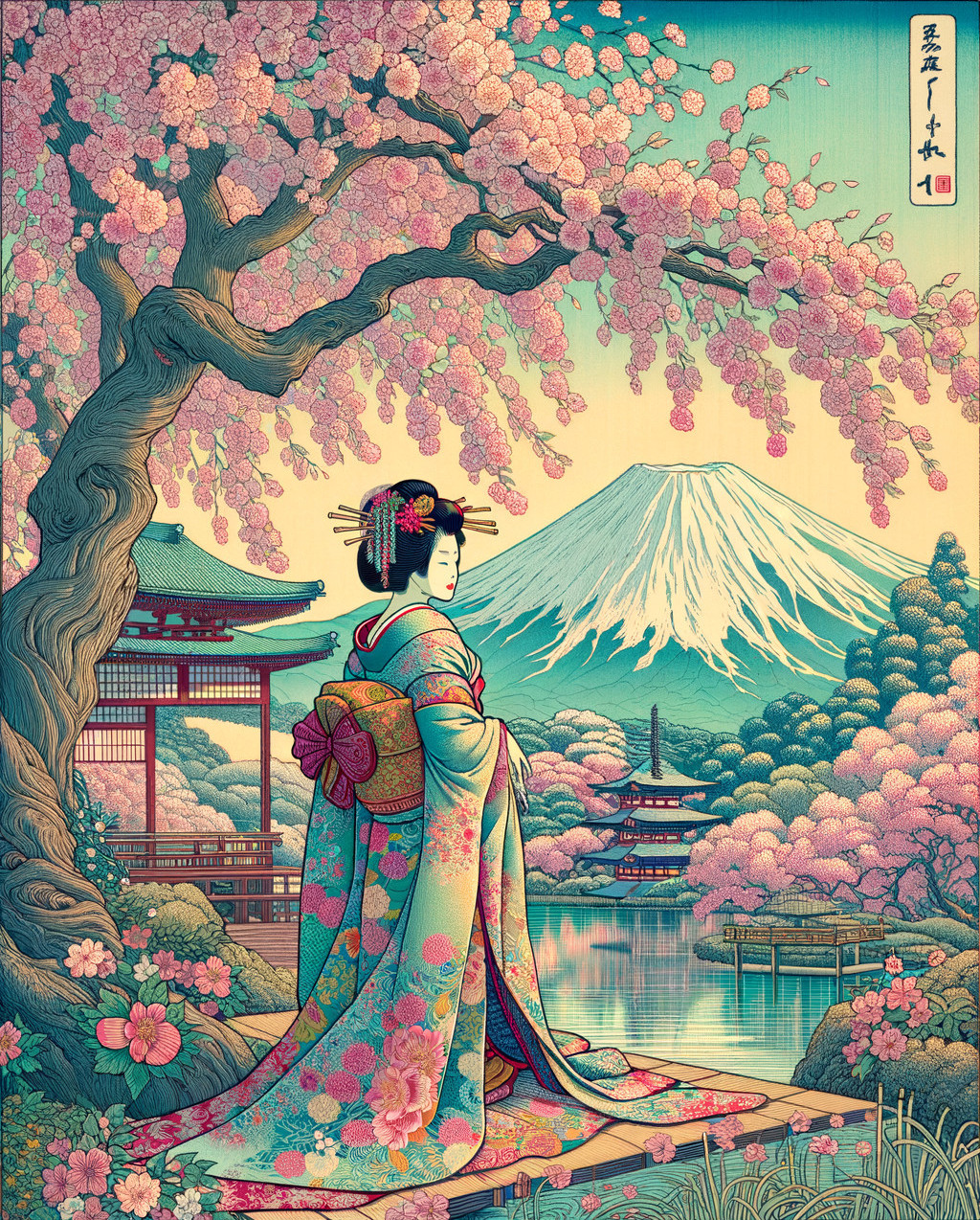 Traditional Japanese Landscape with Cherry Blossoms and Fuji