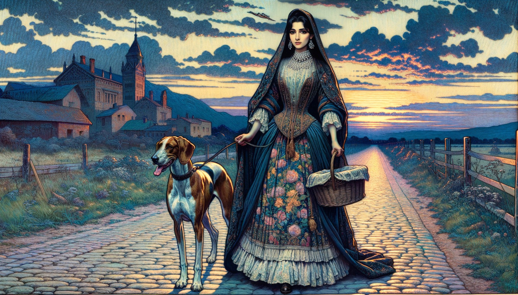 Woman in Colorful Gown Walking with Dog at Twilight