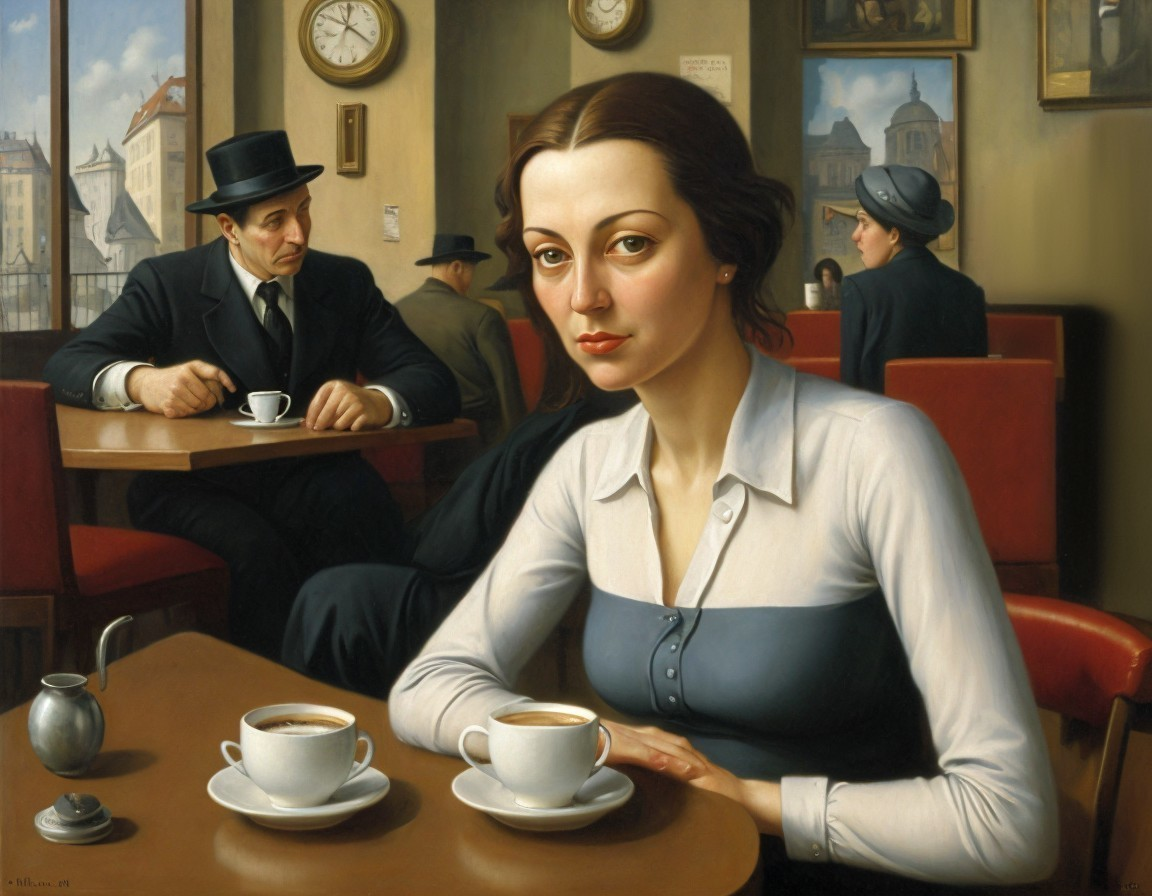 Vintage Café Scene with Woman and Coffee Cups