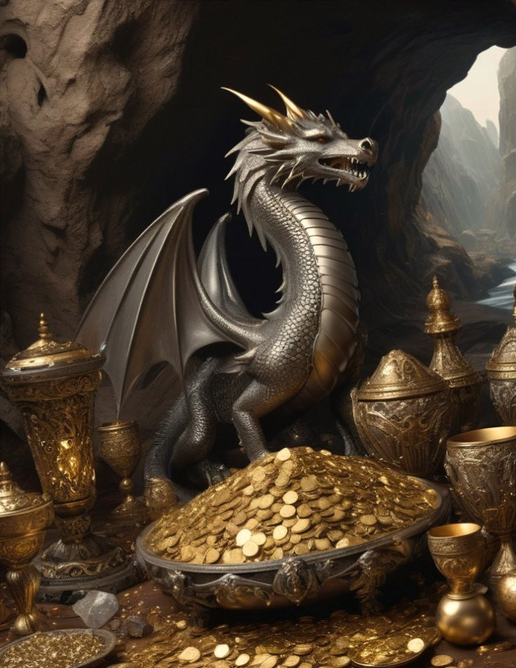 Majestic dragon on treasure hoard in cave surrounded by golden goblets and coins