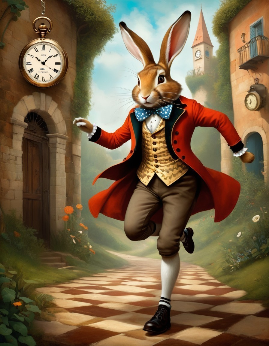 Whimsical Rabbit in Red Coat on Cobblestone Street