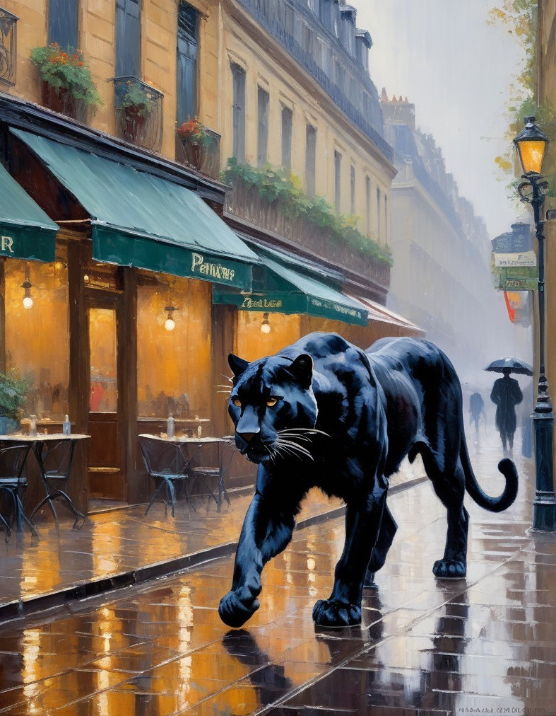 Black Panther in Rainy Paris Street at Night