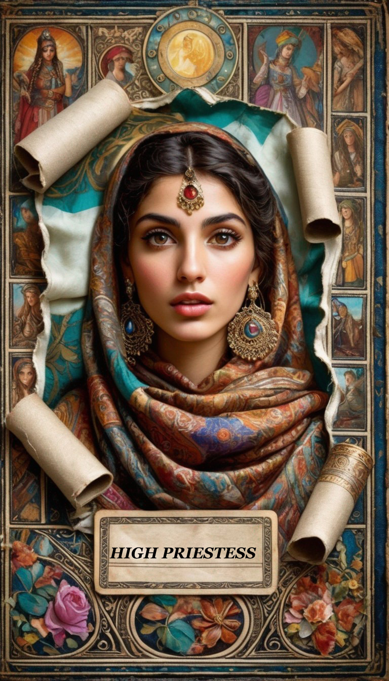 Detailed Tarot Card Illustration: Woman with Captivating Eyes and Ornate Jewelry