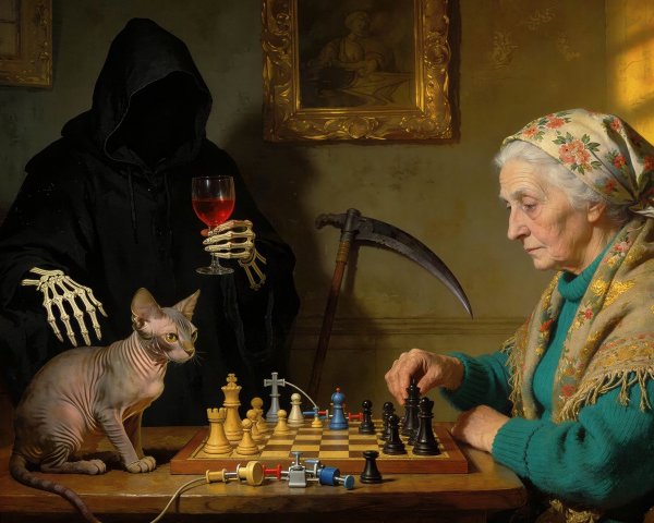 Old Woman Plays Chess Against Personified Death