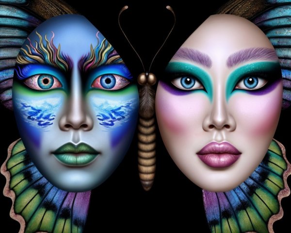 Faces Merging with Butterfly Motif in Surreal Art