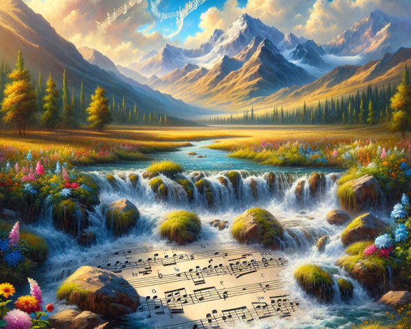 Serene Landscape with River, Mountains, and Music Notes