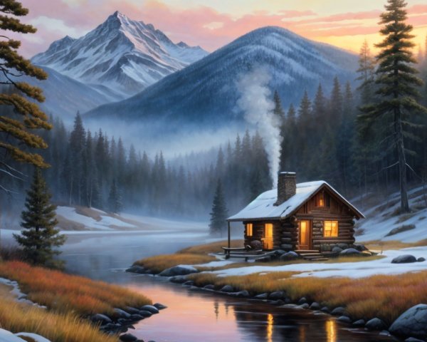 Cozy log cabin by serene river in mountainous landscape