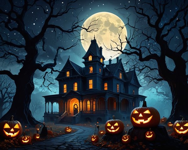 Dark Mansion with Pumpkins Under Full Moonlight