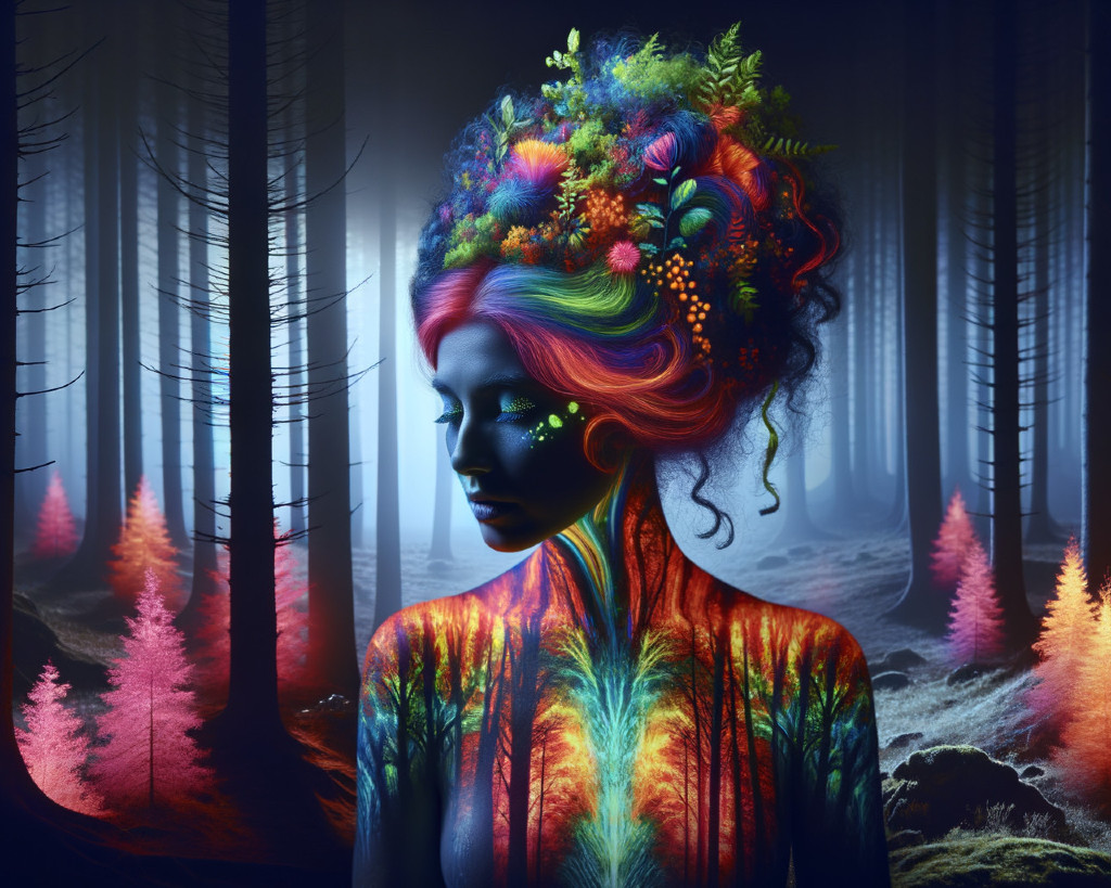 Mystical Forest Scene with Floral Headdress Figure