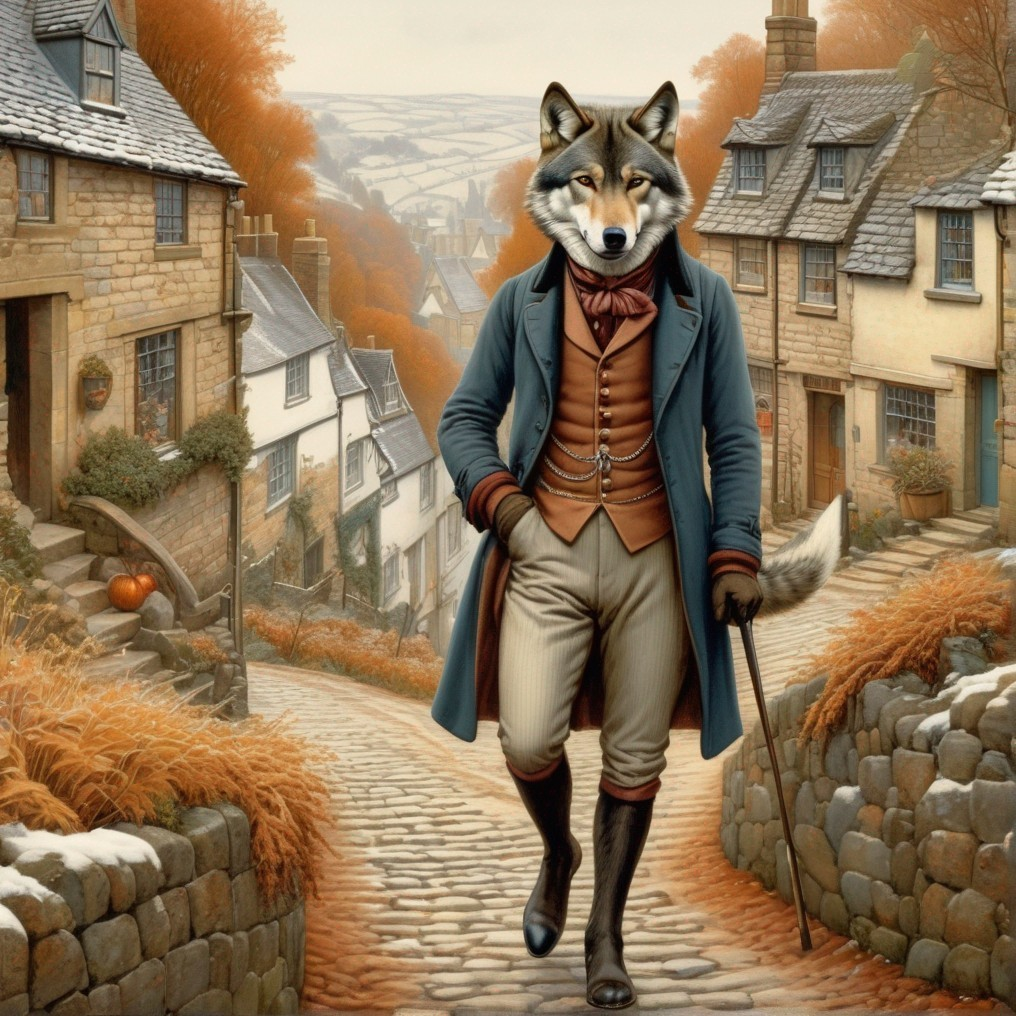 Anthropomorphic Fox in 18th-Century Attire Strolling Autumn Village