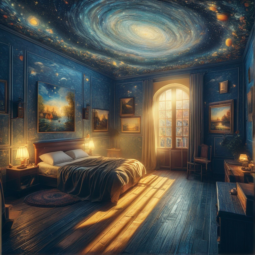 Galaxy-themed Ceiling Bedroom with Warm Lighting