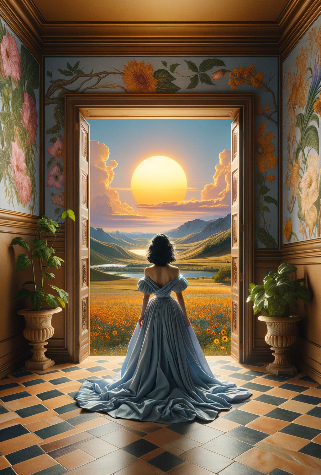 Woman in Blue Dress at Ornate Doorway with Landscape