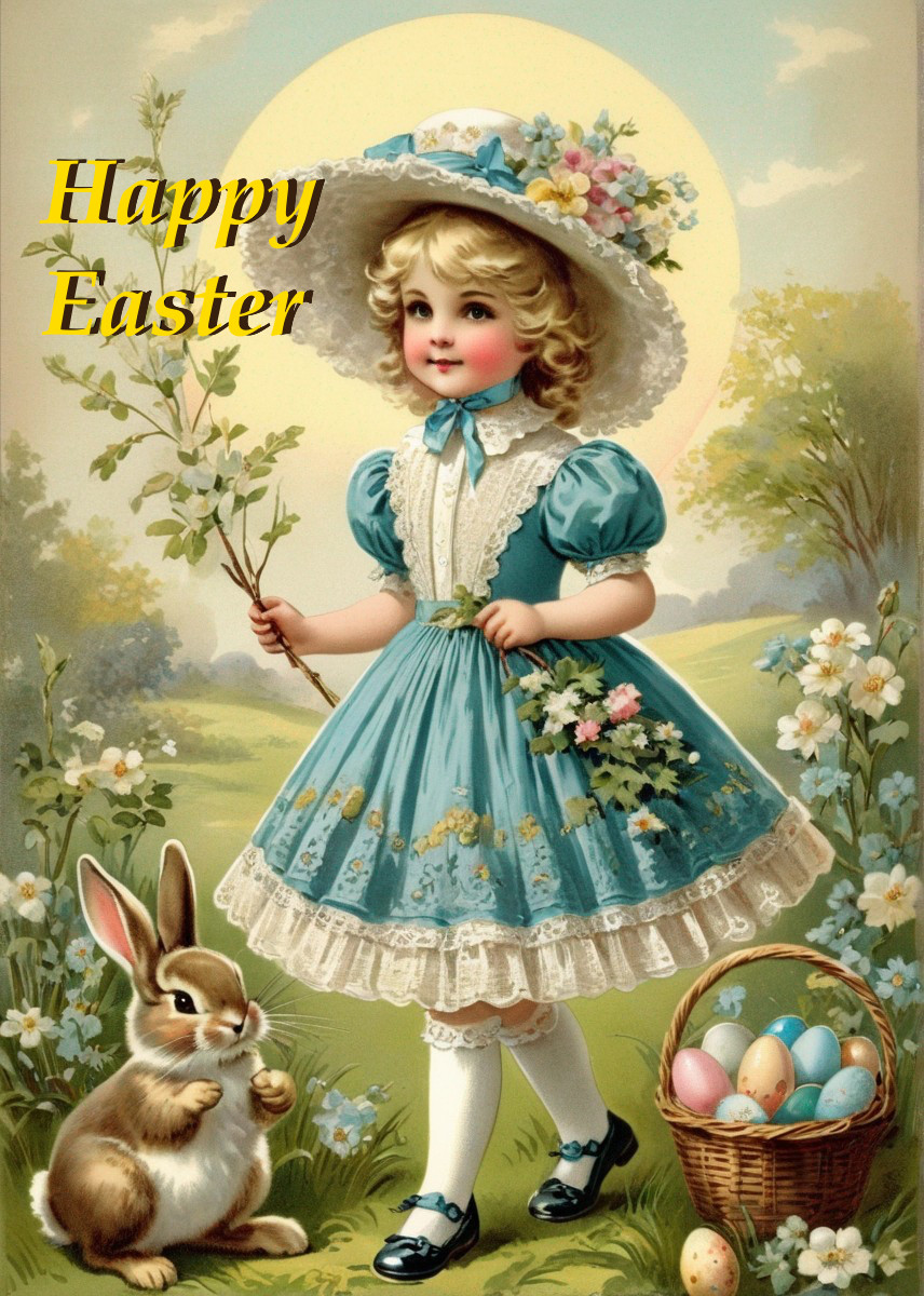 Vintage Illustration of Girl with Easter Eggs and Bunny