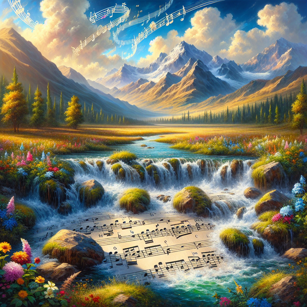 Serene Landscape with River, Mountains, and Music Notes
