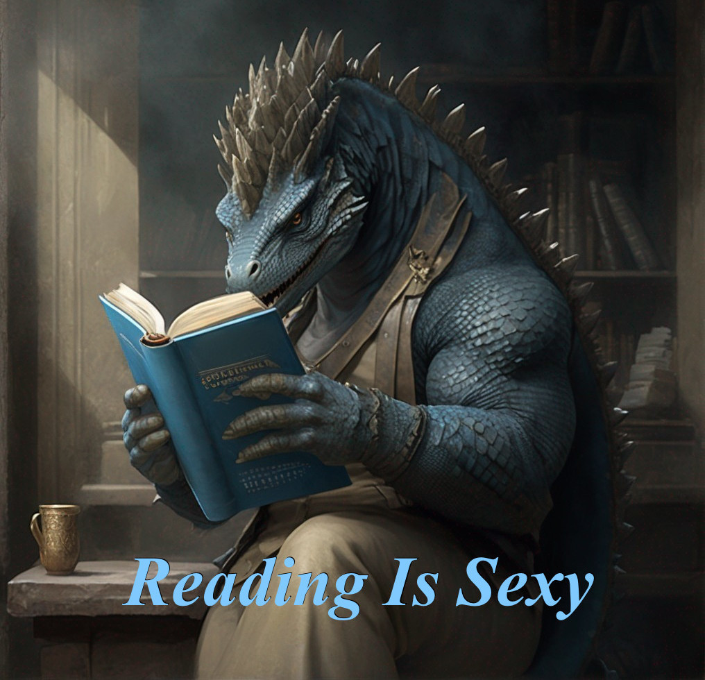 Blue-scaled lizard in a library reading a book