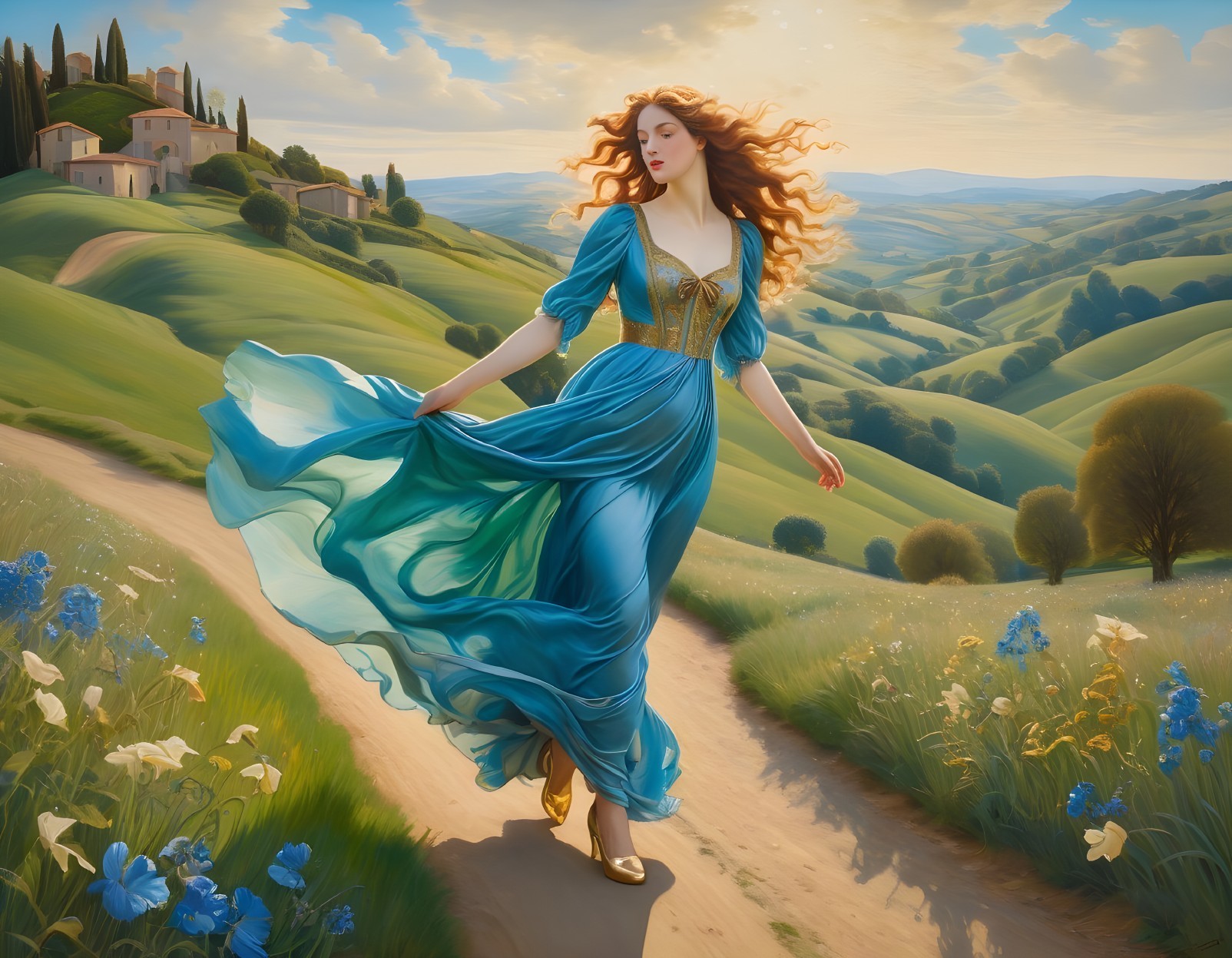 Woman in Blue Dress Walking Through Lush Hills at Sunset