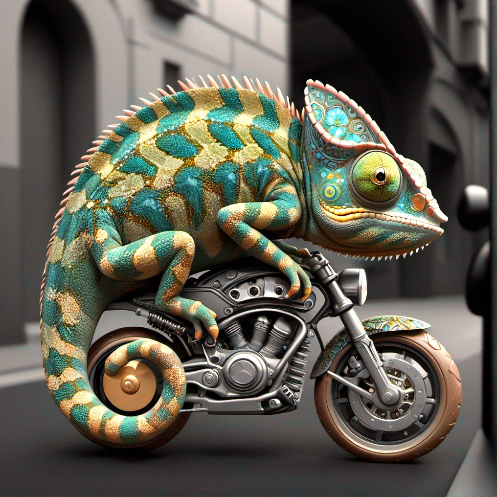 Colorful Chameleon on Miniature Motorcycle in Urban Setting