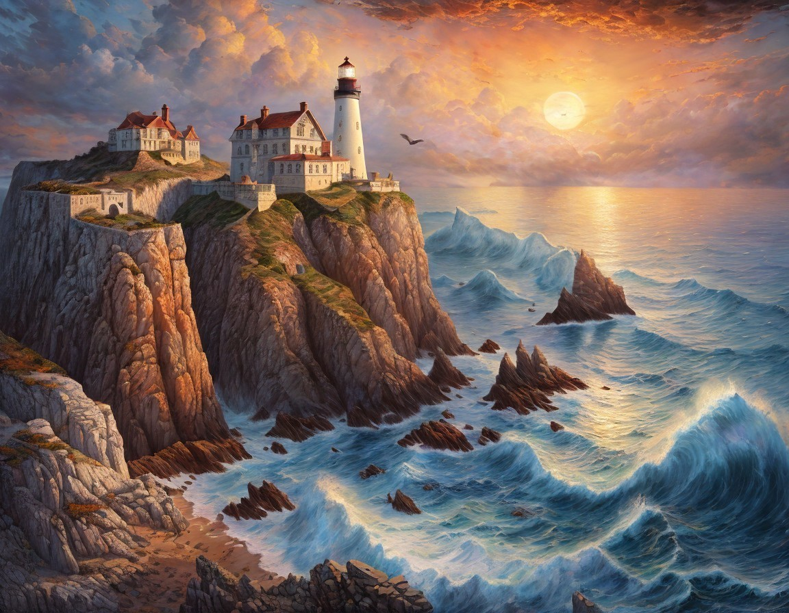 Lighthouse on Cliffs with Sunset and Ocean Waves