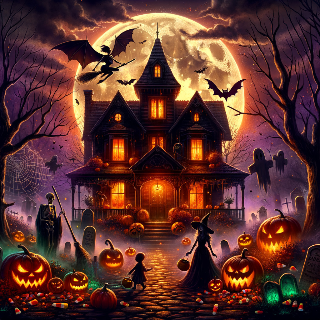 Haunted Halloween Scene with Ghosts and Pumpkins