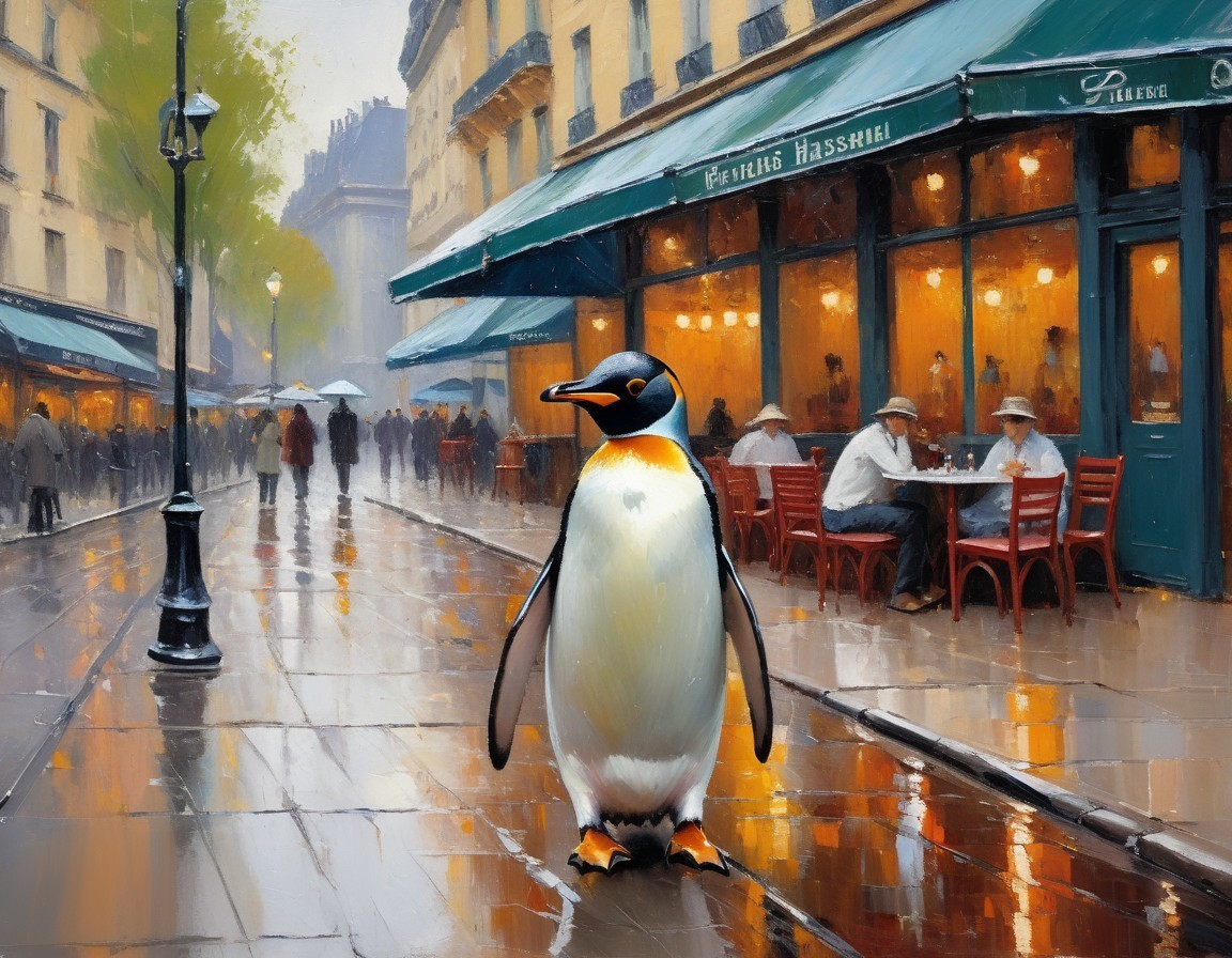 Penguin on Rainy Parisian Sidewalk with Cafes