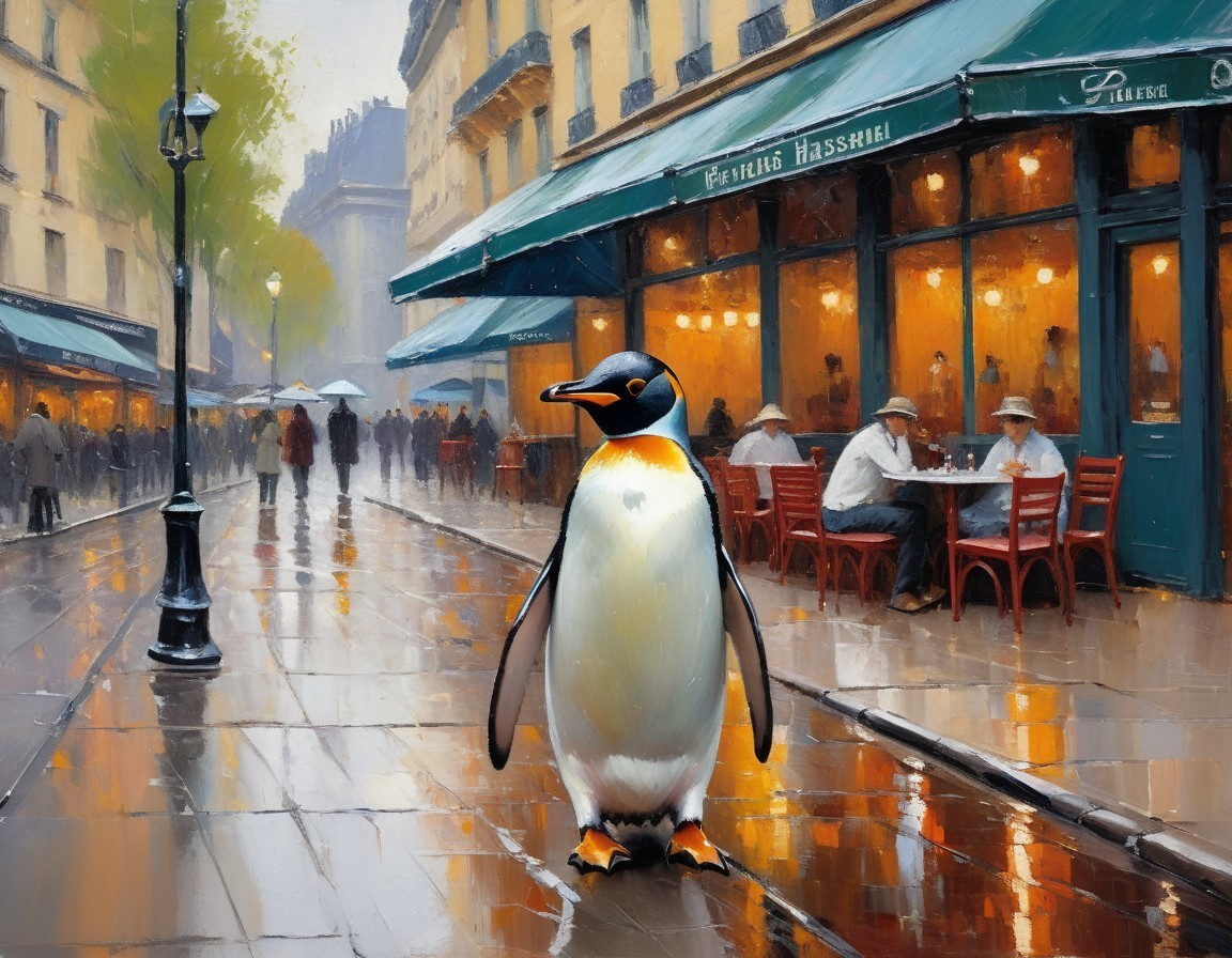 Charming Penguin in Parisian Rain