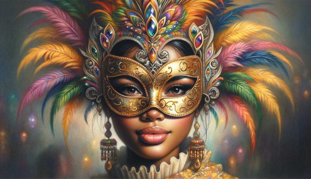 Ornate Masquerade Mask with Vibrant Feathers and Intricate Designs