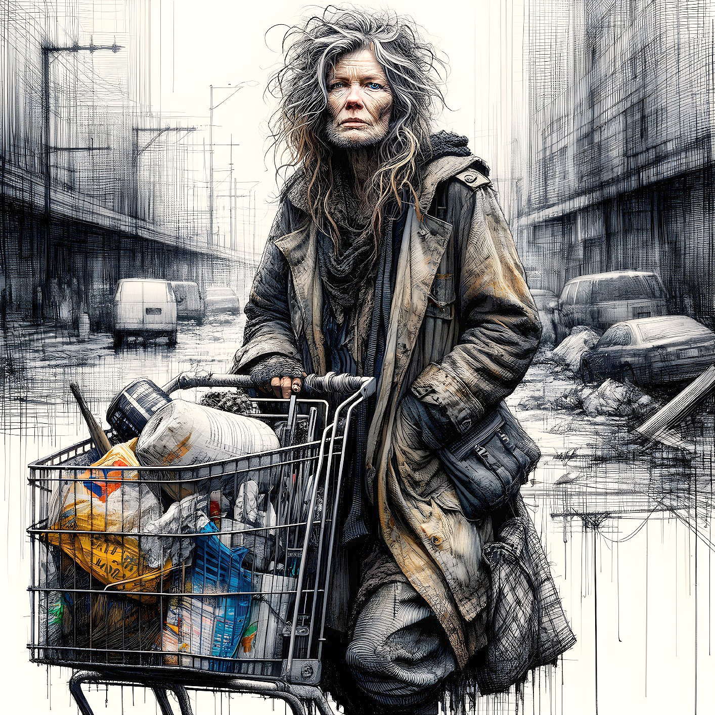 Weathered woman pushing a shopping cart in urban setting with high-rise buildings.