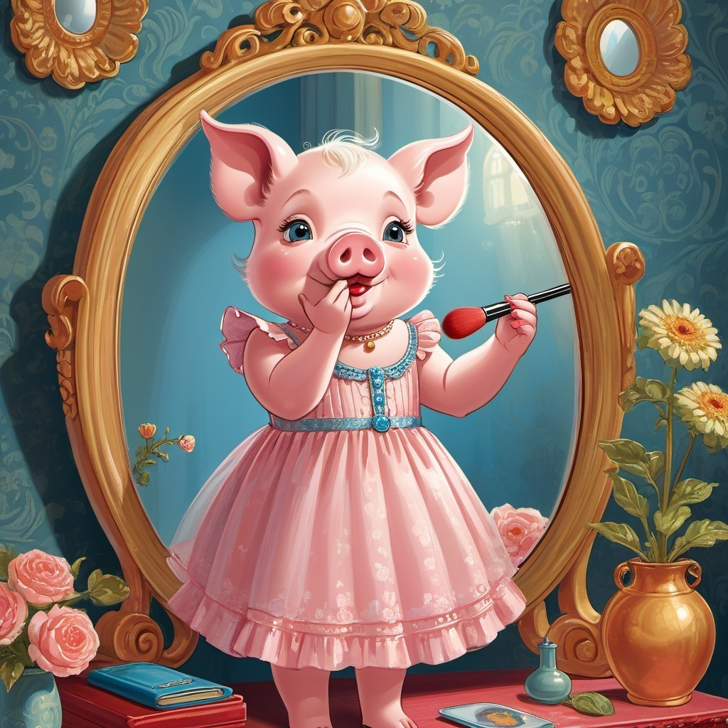 Anthropomorphic piglet in pink dress applying makeup in ornate setting