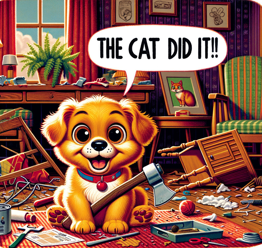 Innocent cartoon puppy with hammer in chaotic room blames cat.