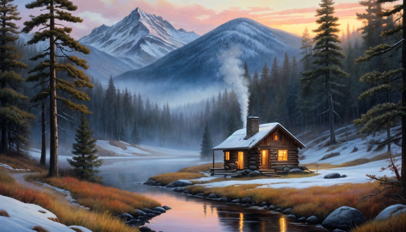 Cozy log cabin by serene river in mountainous landscape