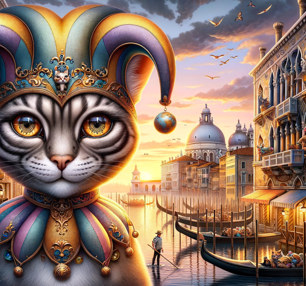 Tabby Cat in Jester Costume by Venetian Canals