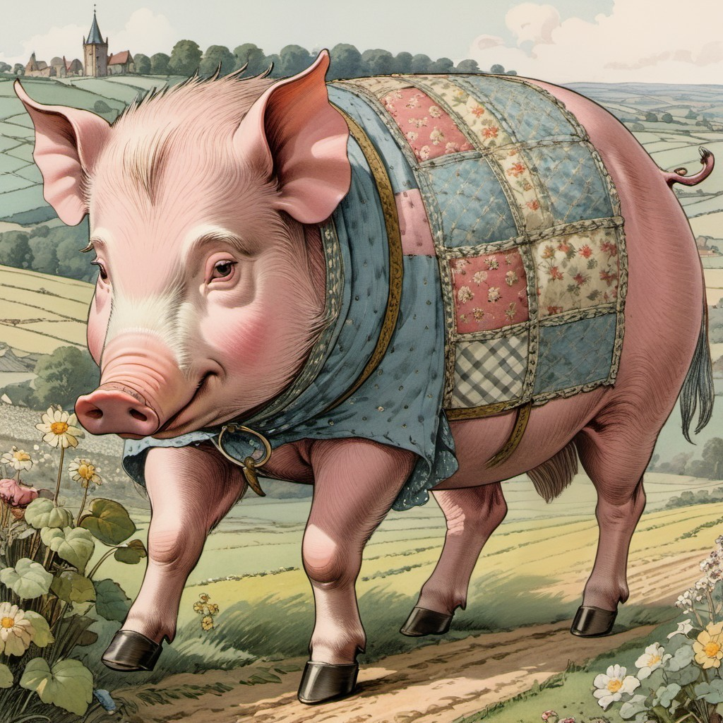 Illustrated pig in blue blanket in pastoral landscape with village.