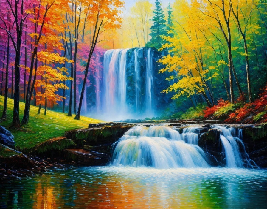 Colorful Autumn Trees Reflecting in Waterfall Cascades