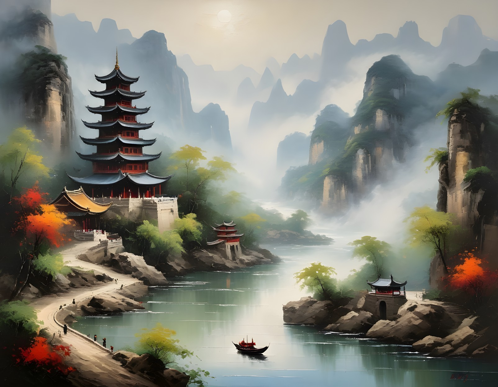 Serene Mountain Landscape with Mist and Autumn Colors