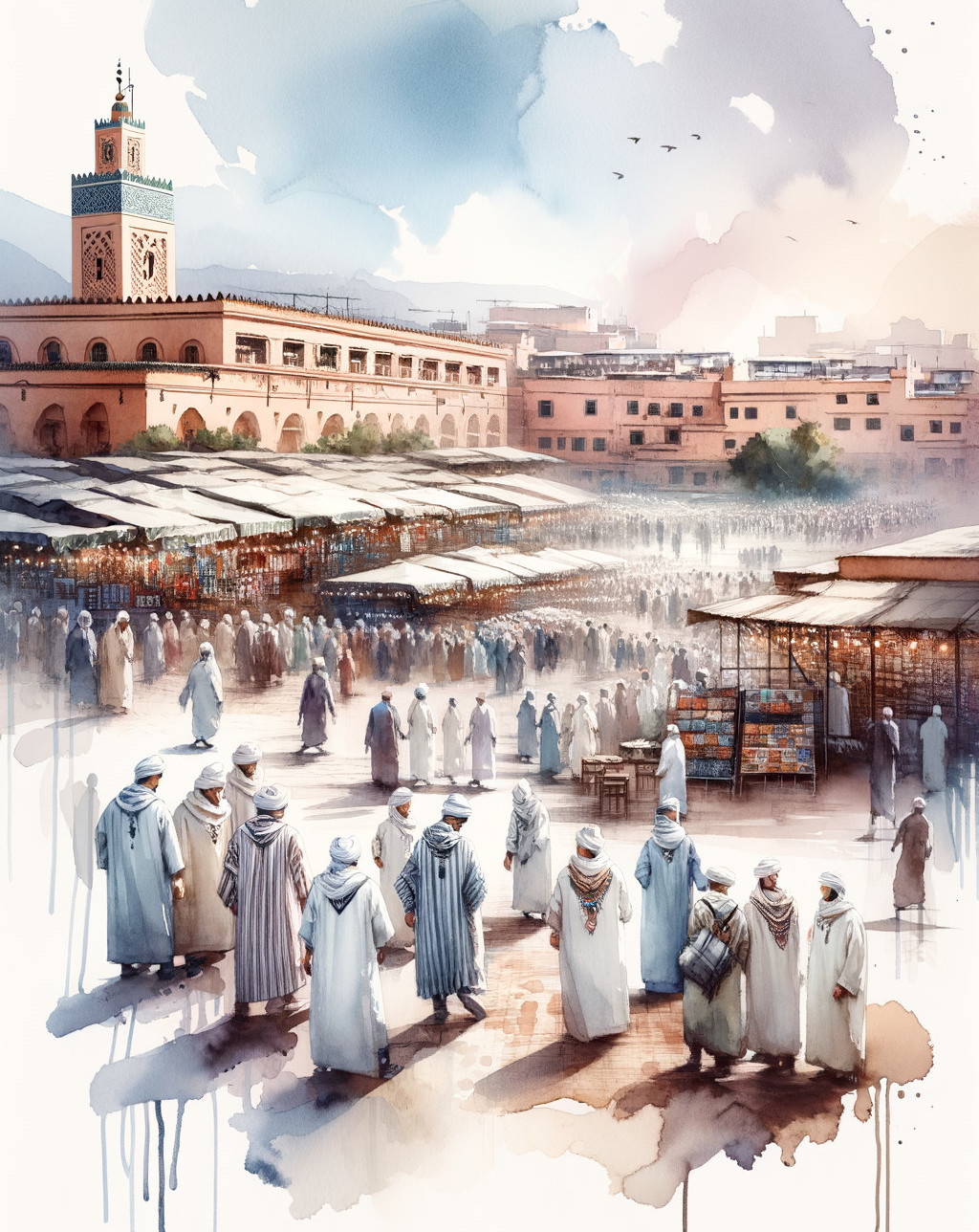 Traditional Attire Market Scene with Blue-Roofed Stalls in Old Cityscape