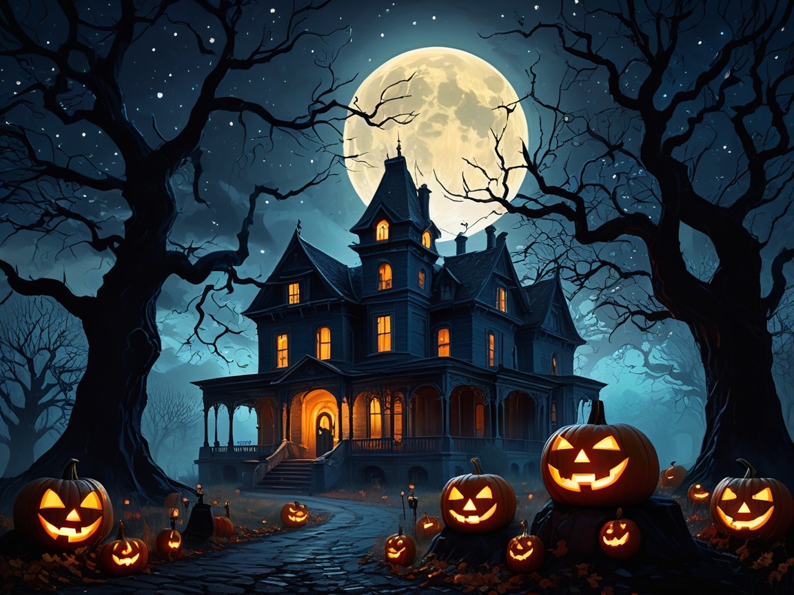 Dark Mansion with Pumpkins Under Full Moonlight