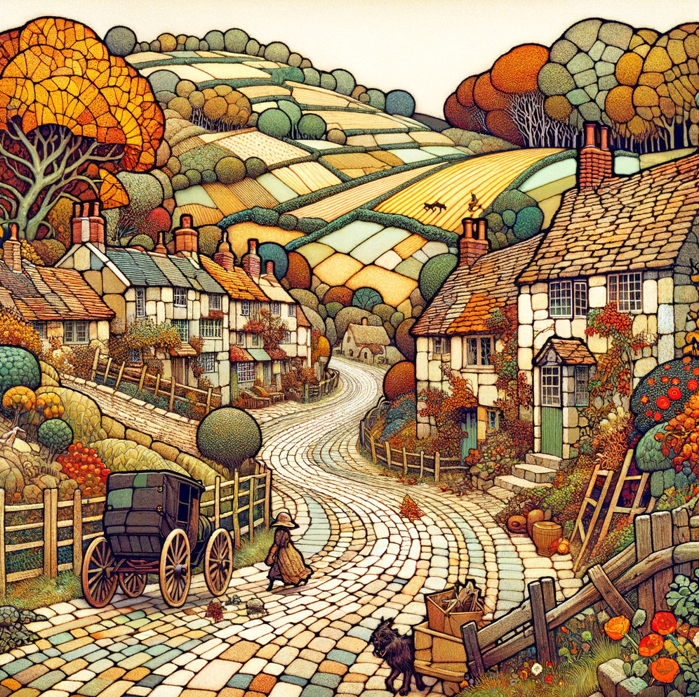 Charming Countryside Scene with Cottages and Nature